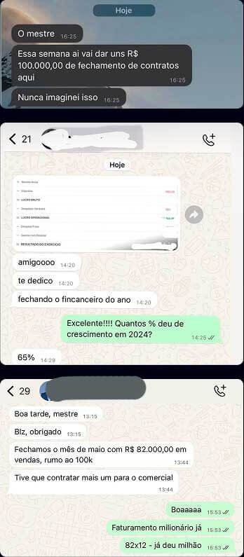 Prints de WhatsApp de alunos com resultados de faturamento
