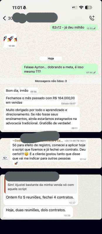 Prints de WhatsApp de alunos com contratos fechados
